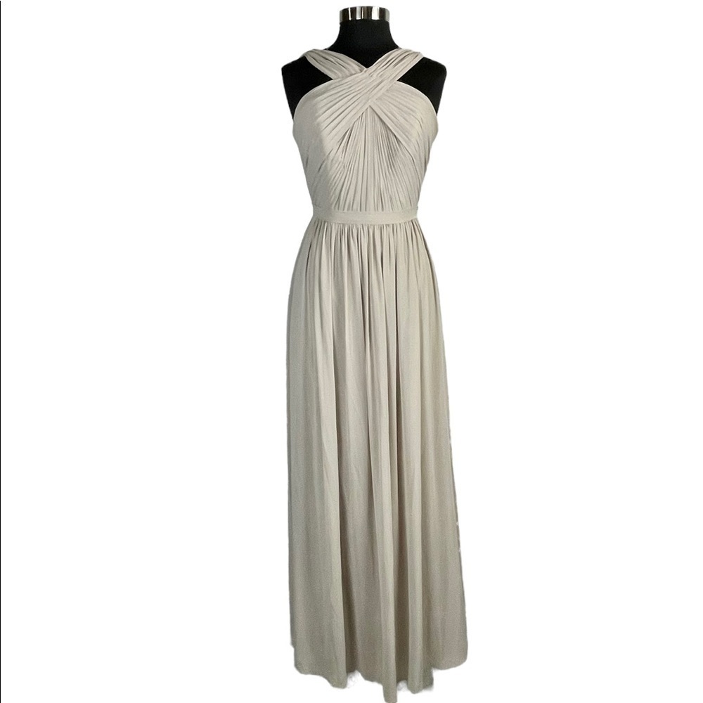 WATTERS MICAH SANDSTONE CRINKLE CHIFFON A LINE HALTER BRIDESMAID FORMAL GOWN - Picture 2 of 16